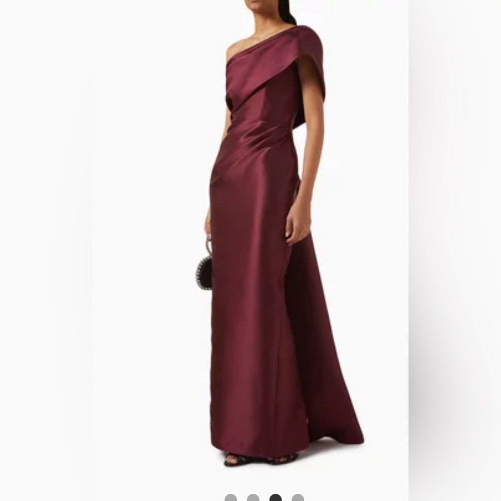 Nicole Bakti One Shoulder Wine Gown with train, bustle was added